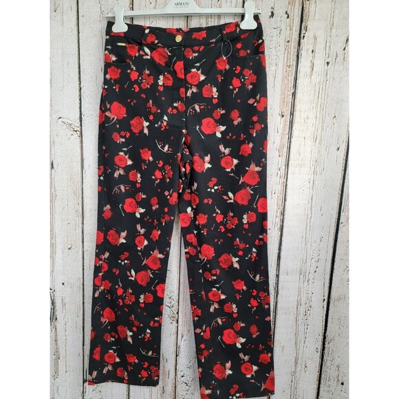 VINTAGE St. John 10 Black Rose Pattern Wide Leg Denim Jeans Pants Designer y2K - Picture 1 of 7